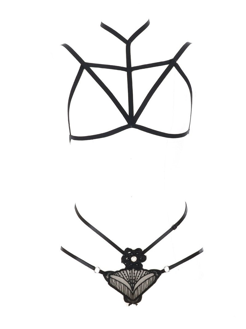 2-Piece Comfy Hollow Out  Secret Bra Lingerie Set Black  - Image 1