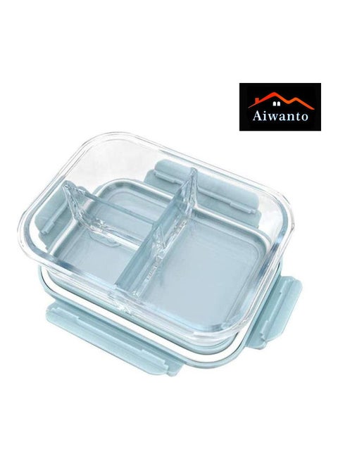 3 Compartment Lunch Box With Lid Glass Blue/Clear 21x16cm
