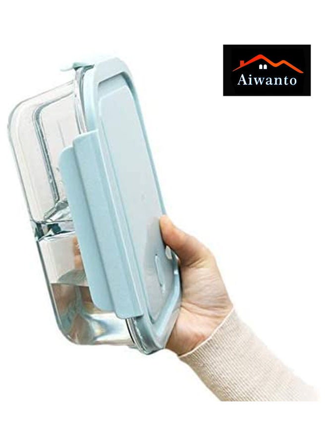 AIWANTO 3 Compartment Lunch Box With Lid Glass Blue/Clear 21x16cm  - Image 2