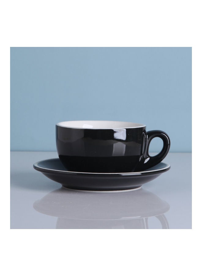 2-Piece Ergonomically Designed Fade-Proof Comfortable Grip White Edge Cup And Saucer Black 9.8x9.8x7cm