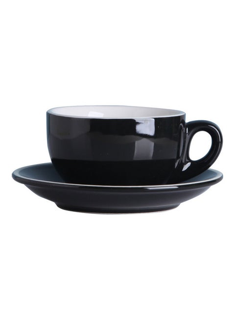 2-Piece Ergonomically Designed Fade-Proof Comfortable Grip White Edge Cup And Saucer Black 9.8x9.8x7cm