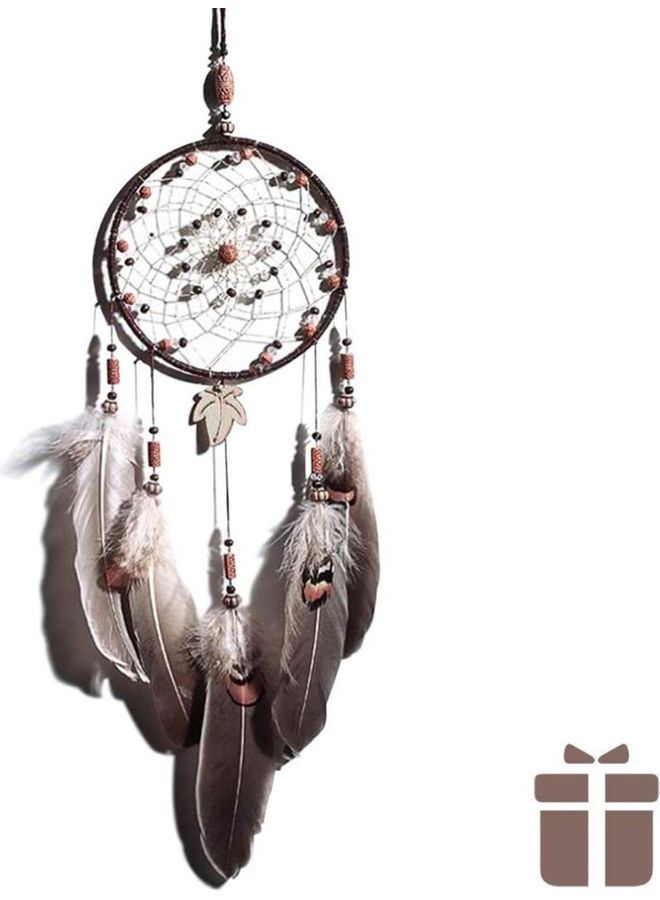 شو وو صائدة الأحلام المعلقة، مصنوعة يدوياً من الريش للزينة بني - Image 1