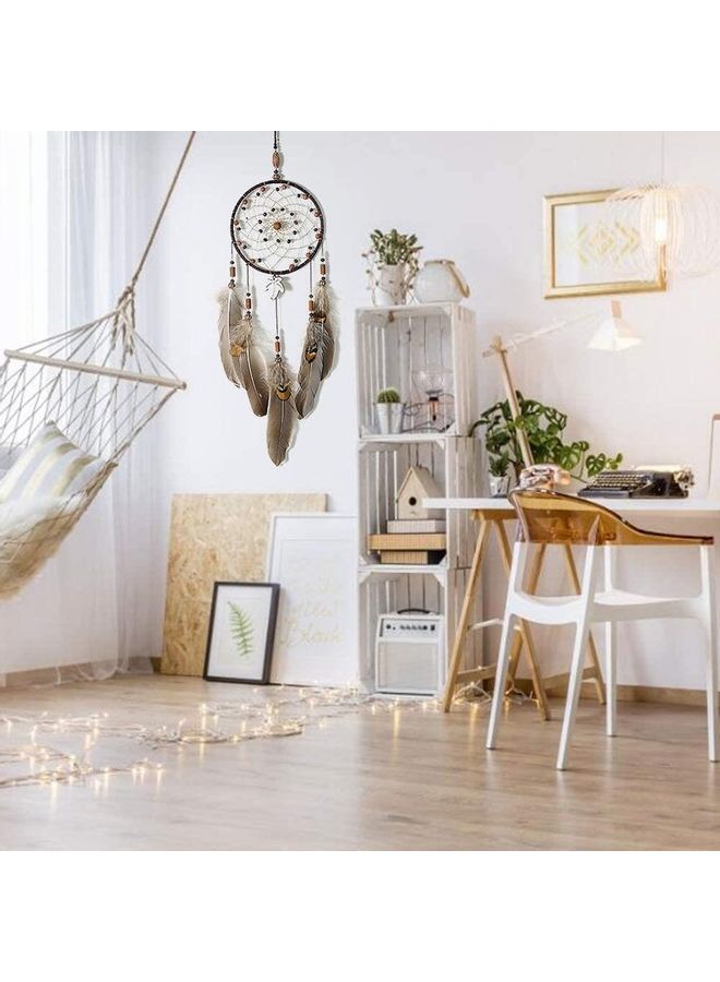 شو وو صائدة الأحلام المعلقة، مصنوعة يدوياً من الريش للزينة بني - Image 4