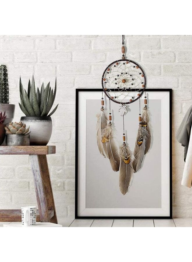 شو وو صائدة الأحلام المعلقة، مصنوعة يدوياً من الريش للزينة بني - Image 2