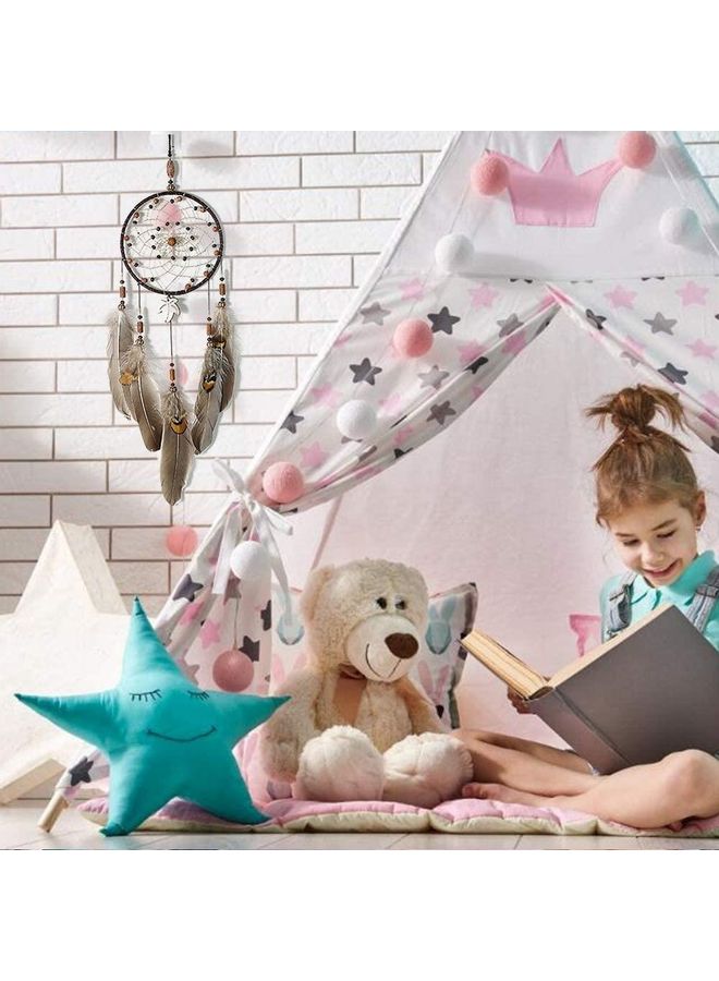 شو وو صائدة الأحلام المعلقة، مصنوعة يدوياً من الريش للزينة بني - Image 3