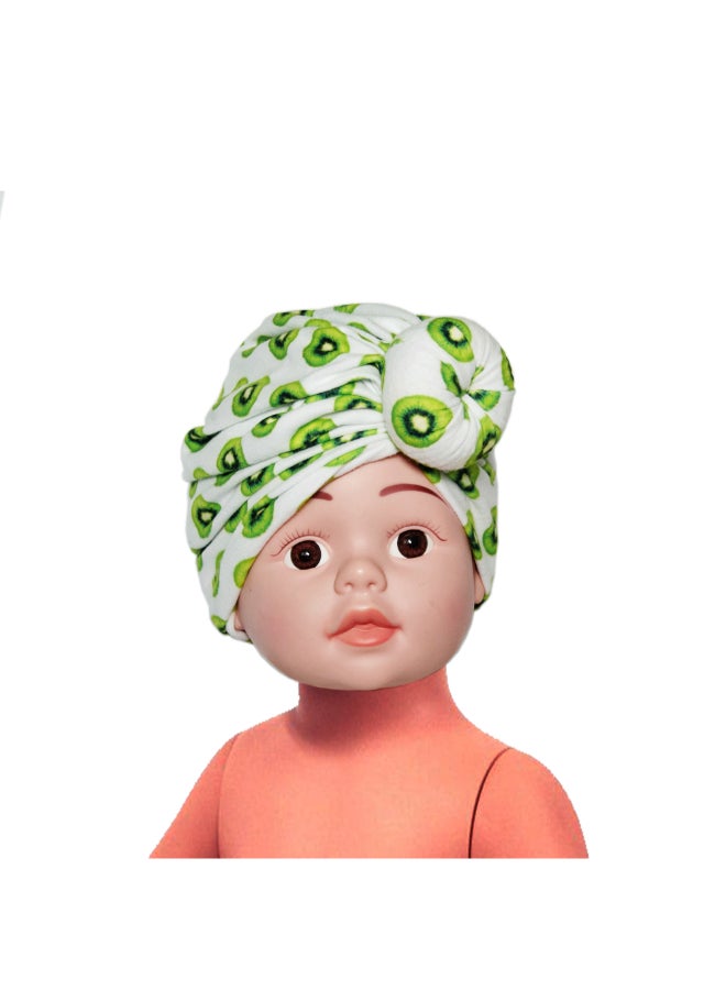 babyqlo Printed Bow Feature Turban Style Beanie Cap Green/White  - Image 2