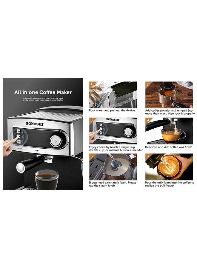 SONASHI - 15 Bar All-in-One Coffee Maker with Overheat Protection | 1.6L Large Detachable Water Tank / Steam Nozzle for Frothy Cappuccino | Prepares 1 cup at a time 1.6 L 850 W SCM-4965 Silver/Black - Image 1