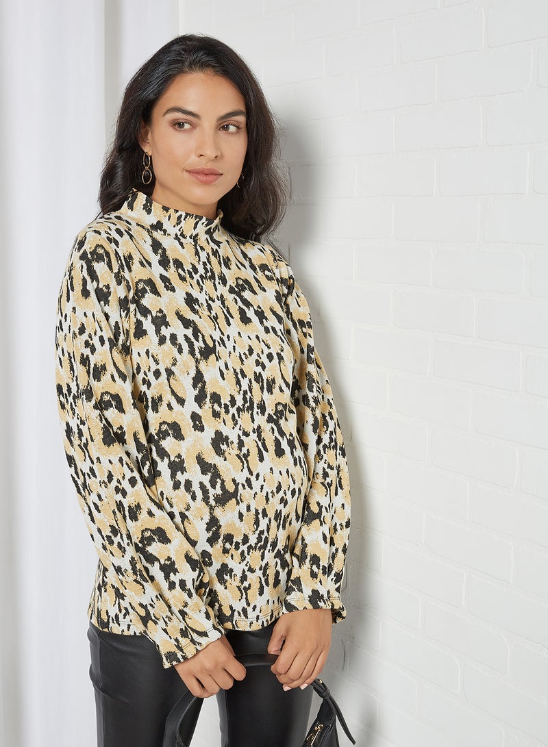 High Neck Printed Maternity Top Beige