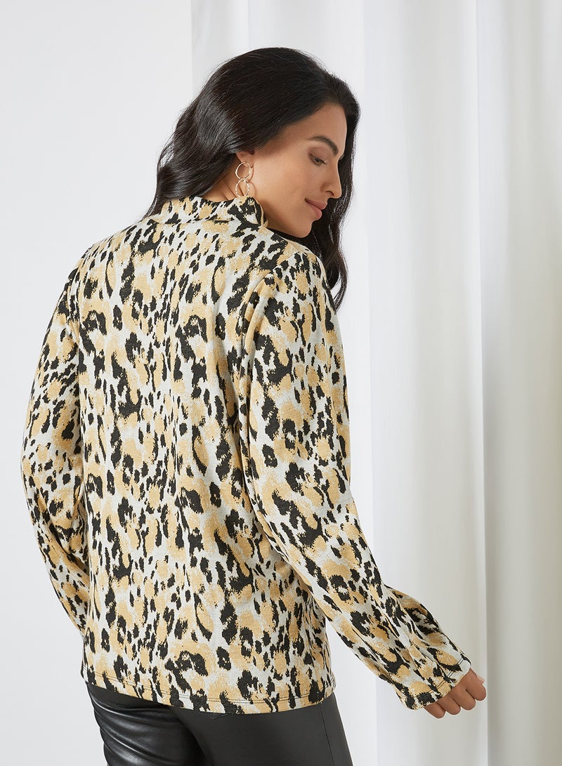 High Neck Printed Maternity Top Beige