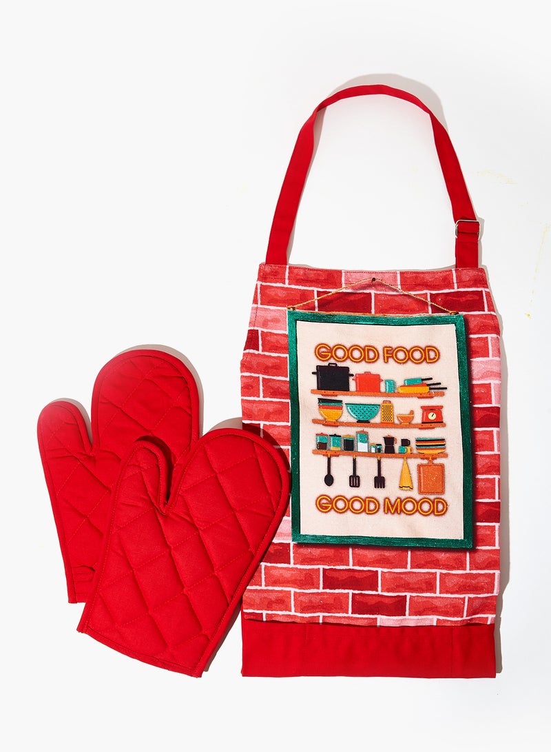 Amal 3 Piece Kitchen Apron Set - Apron, Oven Gloves - Cooking Bib - Kitchen Gloves - Red Red  - Image 1