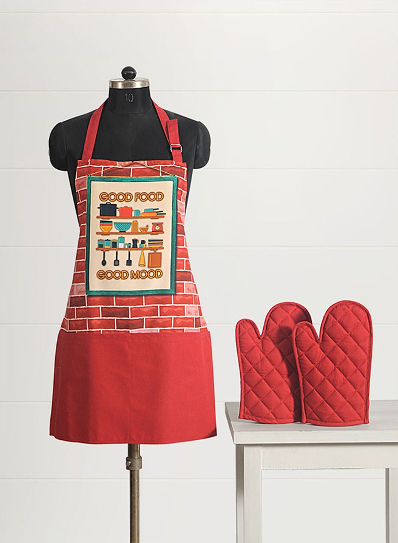 Amal 3 Piece Kitchen Apron Set - Apron, Oven Gloves - Cooking Bib - Kitchen Gloves - Red Red  - Image 5