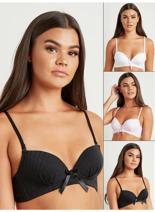 Closet By Styli Pack Of 3 Striped Non-Wired T-Shirt Bra With Multiway Strap White/Black