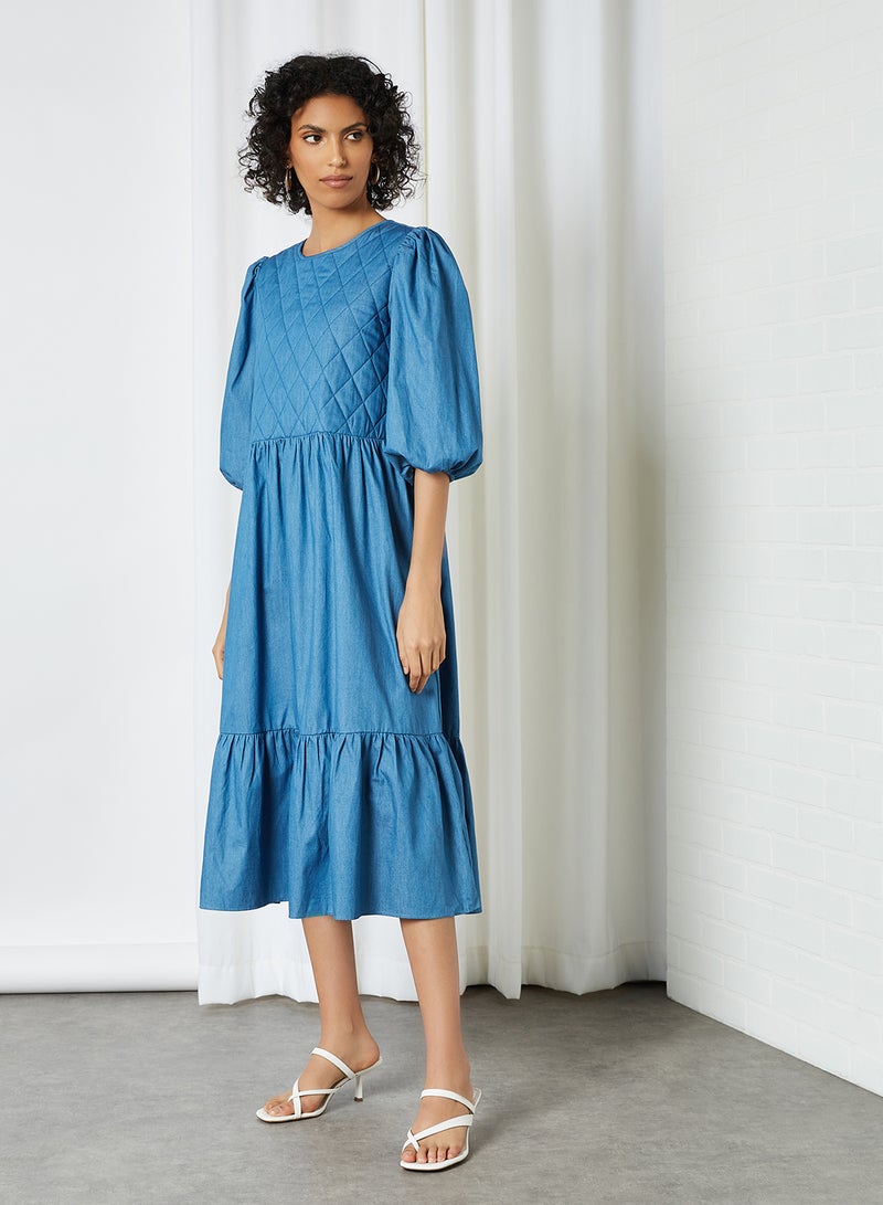 SELECTED FEMME - Quilted Bodice Dress Medium Blue Denim - Image 1