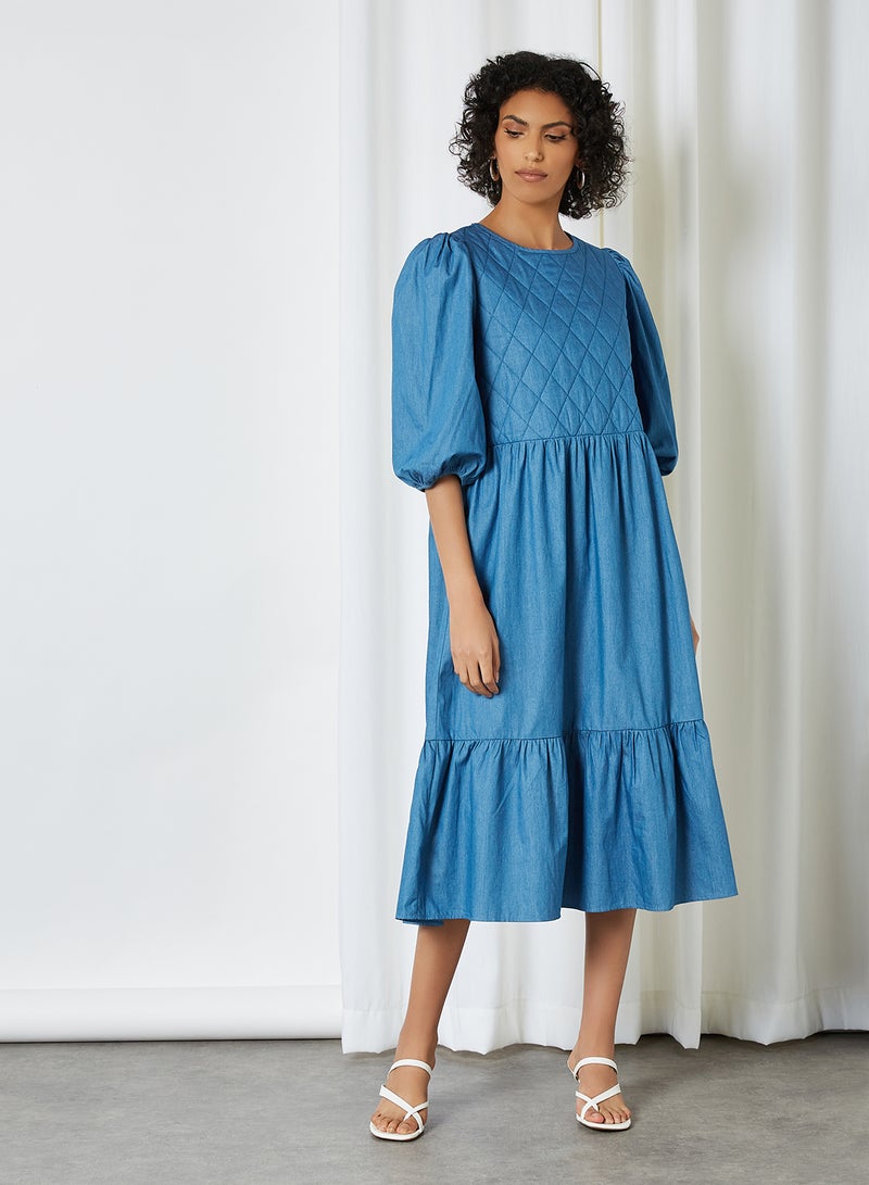 SELECTED FEMME - Quilted Bodice Dress Medium Blue Denim - Image 1