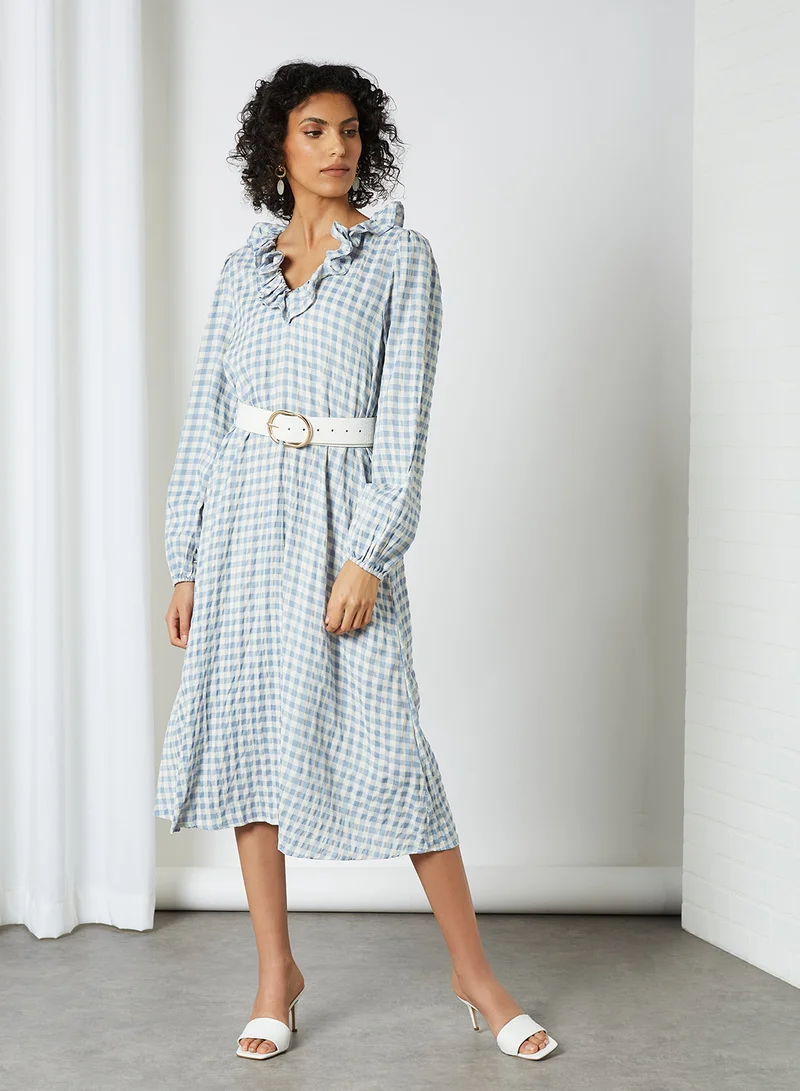 SELECTED FEMME Ruffled Neckline Checked Dress