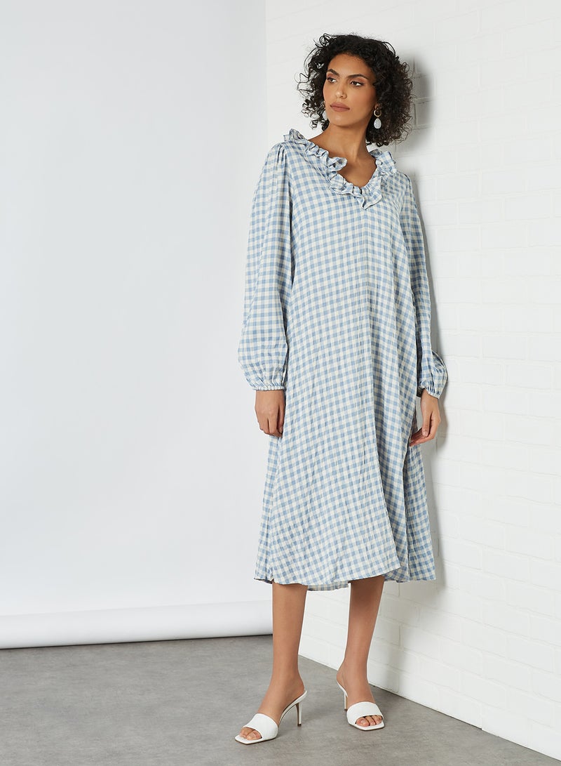 SELECTED FEMME - Ruffled Neckline Checked Dress Birch - Image 1