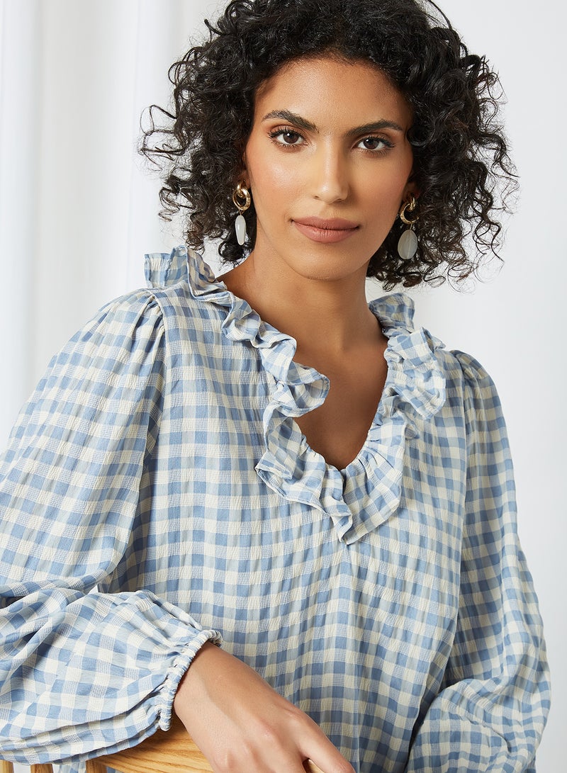 SELECTED FEMME - Ruffled Neckline Checked Dress Birch - Image 1