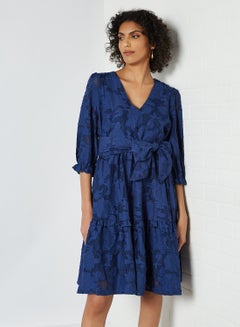 SELECTED FEMME Waist Bow Textured Dress Blueprint  - Image 1