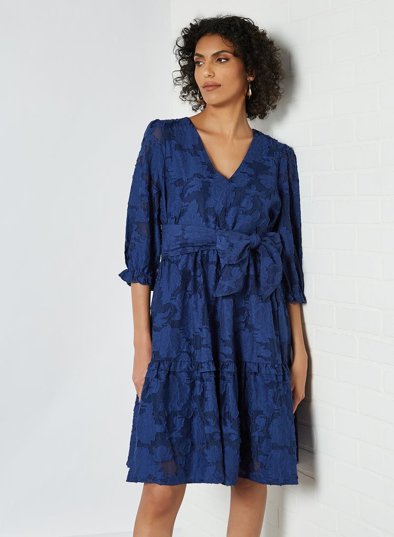 SELECTED FEMME - Waist Bow Textured Dress Blueprint - Image 1