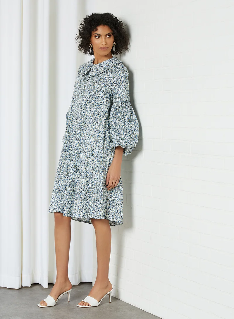 SELECTED FEMME Voluminous Sleeve Dress White/Blue Flower