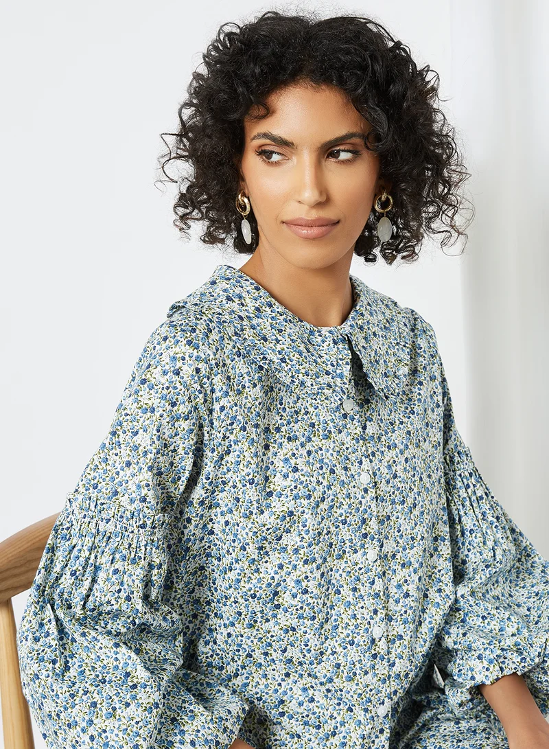 SELECTED FEMME Voluminous Sleeve Dress White/Blue Flower