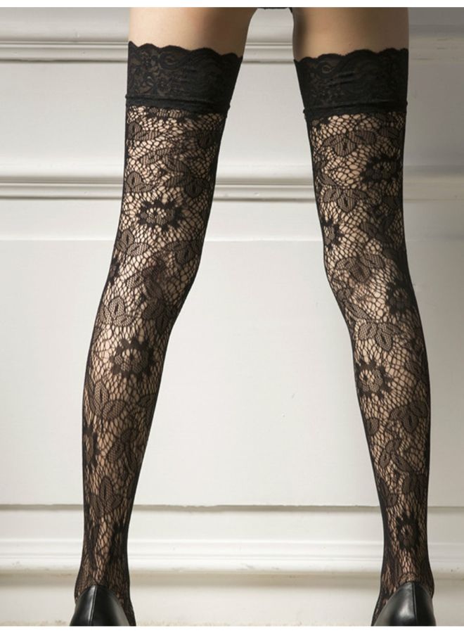Lace Hollow Out Above Knee Socks Black - Image 2
