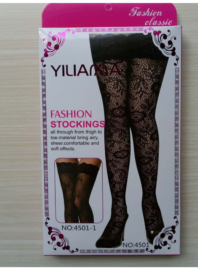 Lace Hollow Out Above Knee Socks Black - Image 5