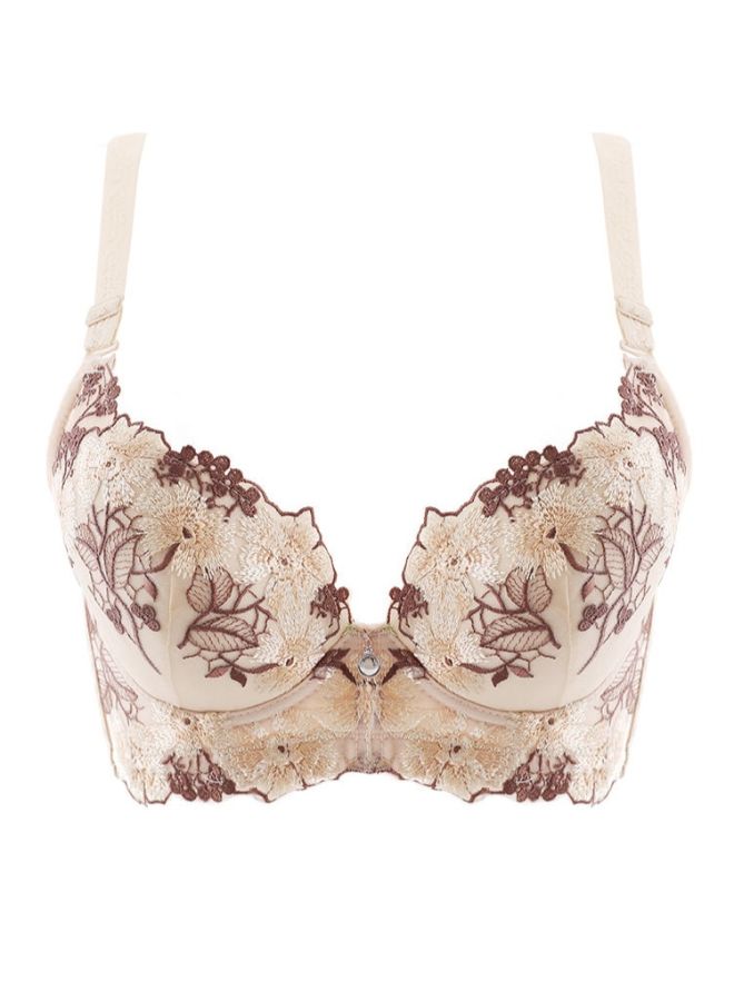Flower Embroidery Underwire Push Up Bra Beige 