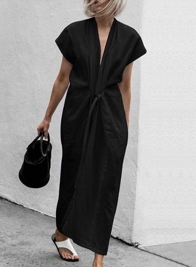 Fashion V Neck Linen Dress Black - Image 2