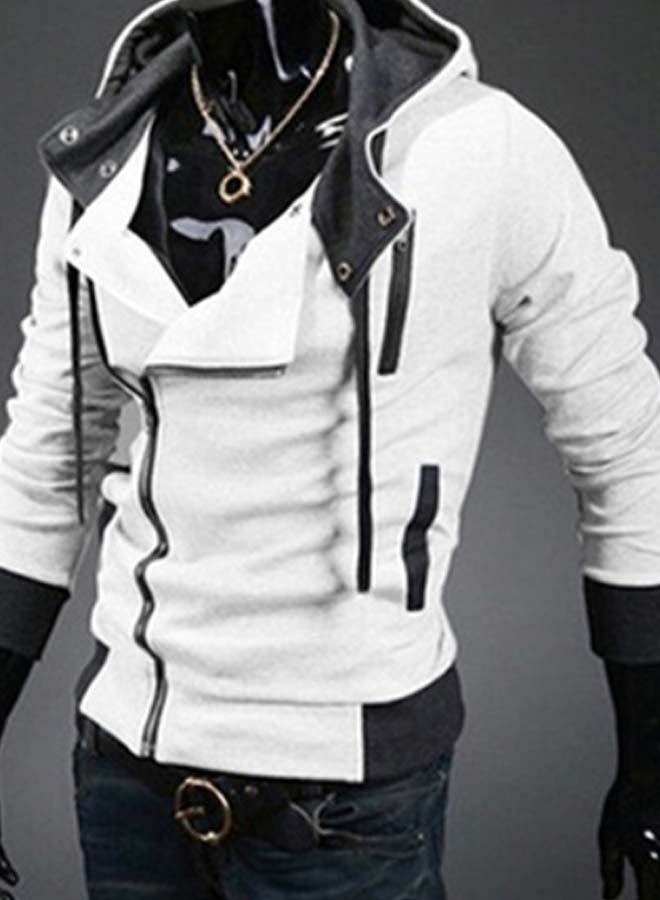 Fashion Side Zip Long Sleeve Hooded Sweatshirt White  - Image 2