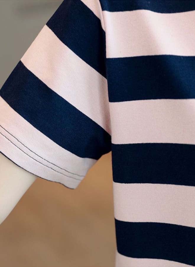Summer Elbow Sleeve Striped Midi Length Dress Light Pink/Navy - Image 3