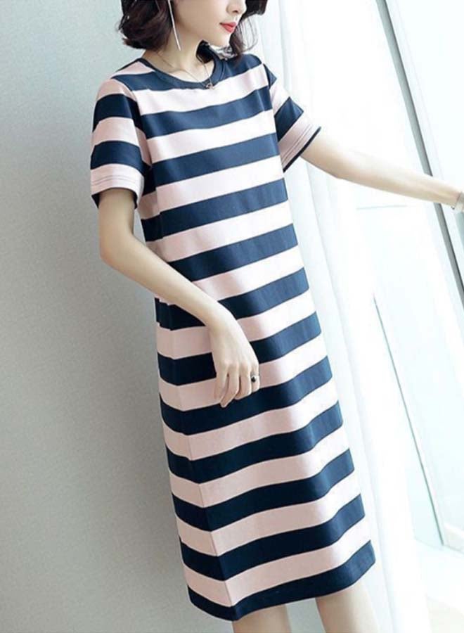 Summer Elbow Sleeve Striped Mid Length Dress Light Pink/Navy - Image 2