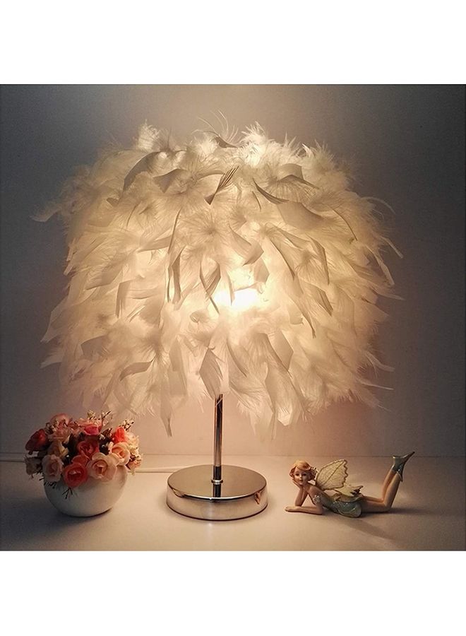 XiuWoo - Portable Modern Style Antique Designed Decorative Table Lamp With Feather Lampshade White/Silver 28x38cm - Image 1