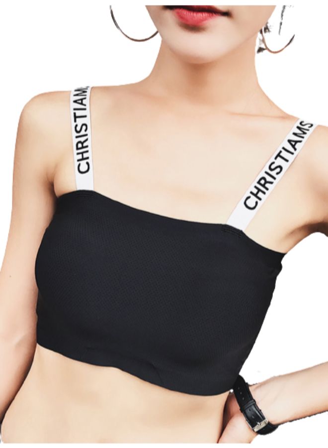 Letter Print Strap Breathable Bra Black