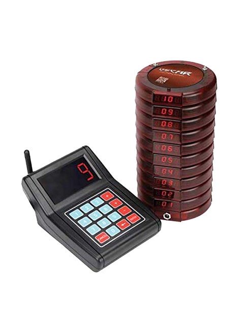Buzzer Pager Calling System With 10 Tokens Alarms LED Beep And Vibration Brown/Red