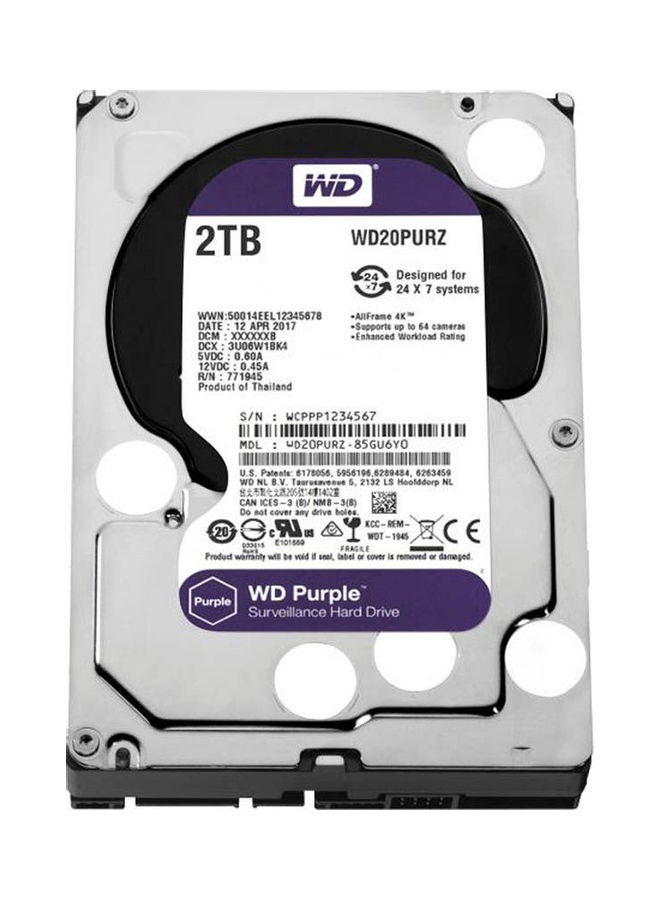 WD - 2TB Surveillance Hard Drive, 5400 RPM, SATA 6 Gb/s, 64 MB Cache, 3.5" - Purple Purple/Multicolour - Image 1