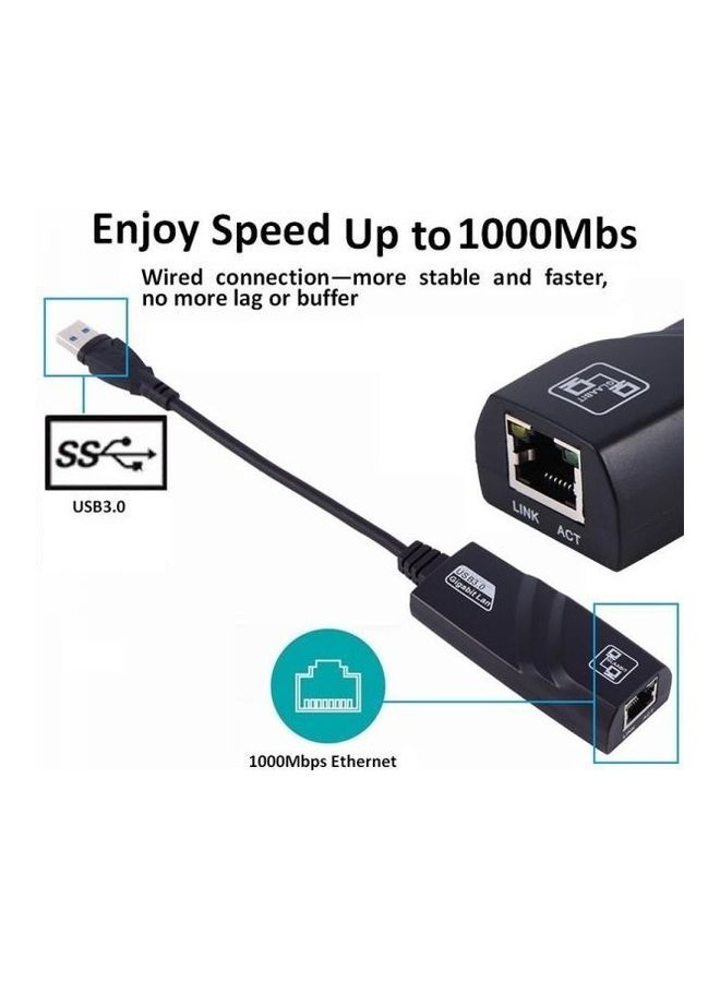 Generic - Ethernet Adapter Portable Usb 3.0 To Rj45 10/100 /1000 Mbps Network Lan Wired Adapter For Chromebook, Macbook, Mac Pro/Mini, Imac, Xps, Surface Pro, Ultrabook, Windows, Linux, Pc Black - Image 1
