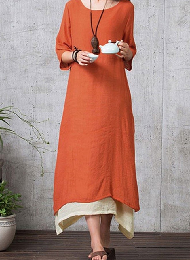 Vintage Split Irregular Hem Detail Dress Orange/Beige