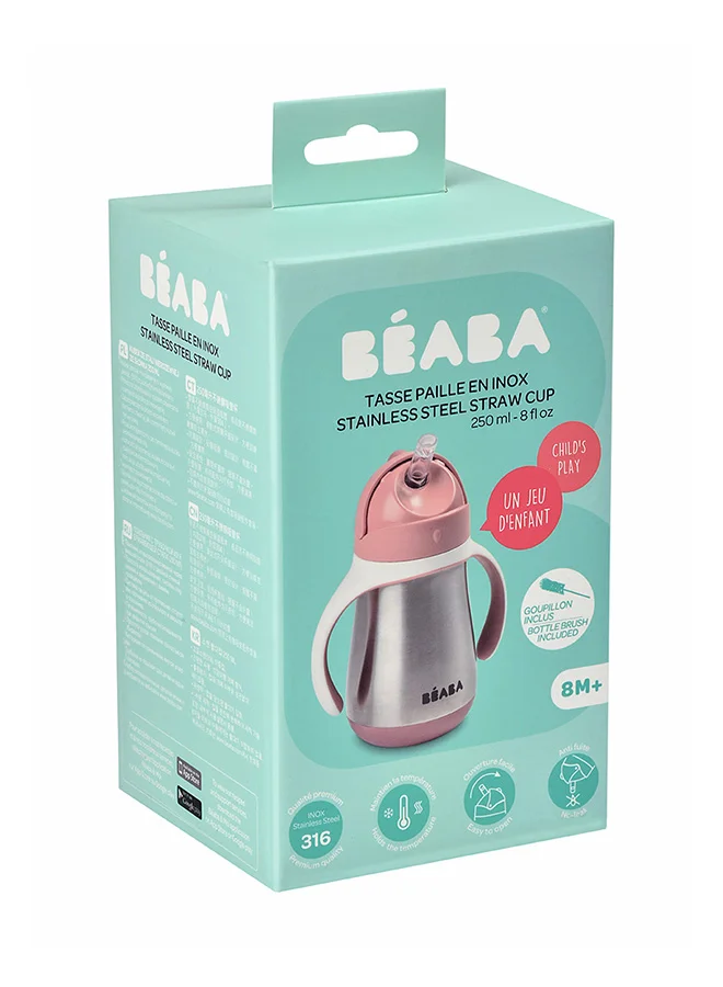 BEABA Stainless Steel Baby Straw Cup 250 Ml , 8M+, Pink