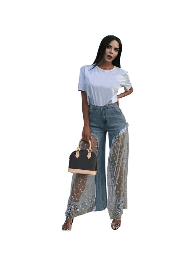 Splice Wide Leg Sheer Mesh Stars Print High Waist Loose Pants Blue/White - Image 1