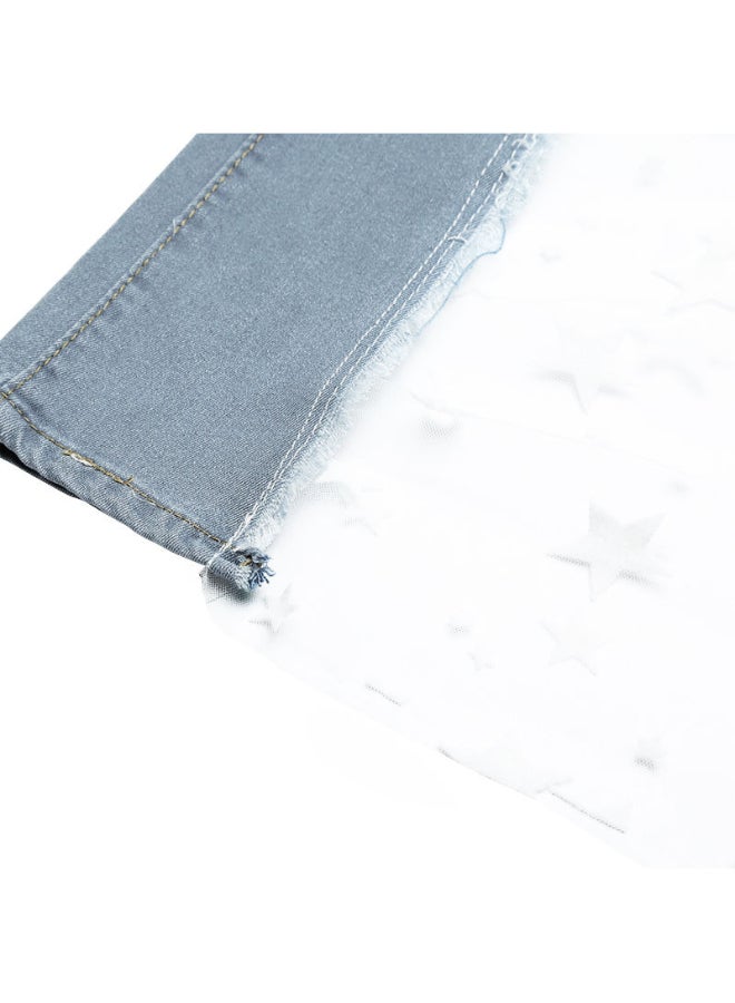Splice Wide Leg Sheer Mesh Stars Print High Waist Loose Pants Blue/White - Image 3