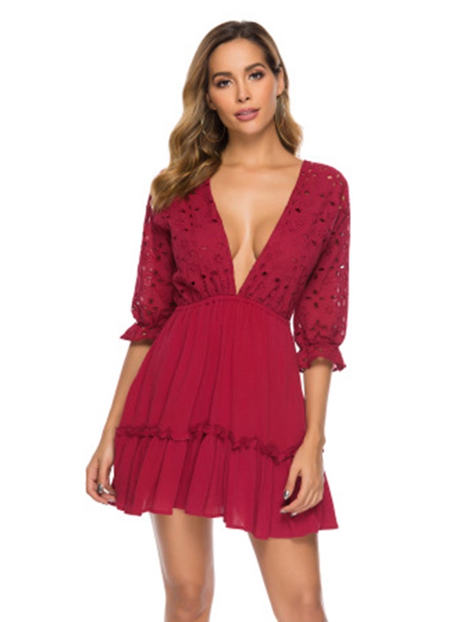 Summer Beach Vacation Mesh Deep V Neck Line Dress Wine Red