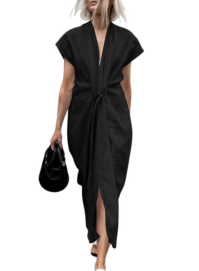 Fashion V Neck Linen Dress Black - Image 1