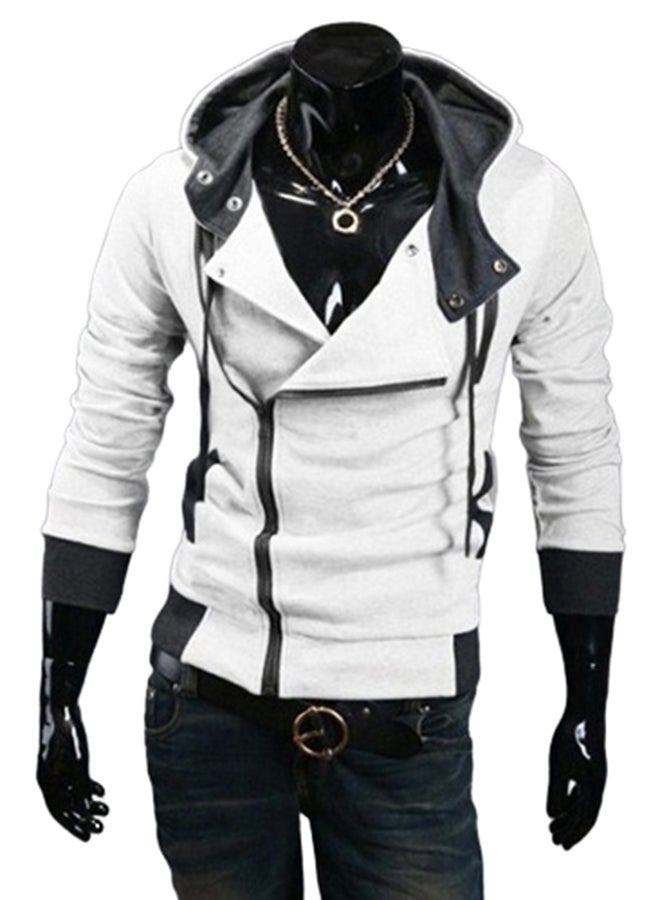 Fashion Side Zip Long Sleeve Hooded Sweatshirt White 