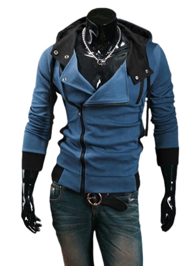 Fashion Side Zip Long Sleeve Hooded Sweatshirt Dark Blue