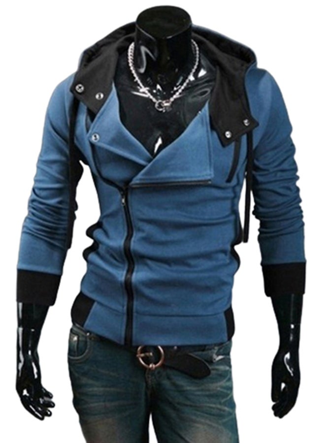 Fashion Side Zip Long Sleeve Hooded Sweatshirt Blue 