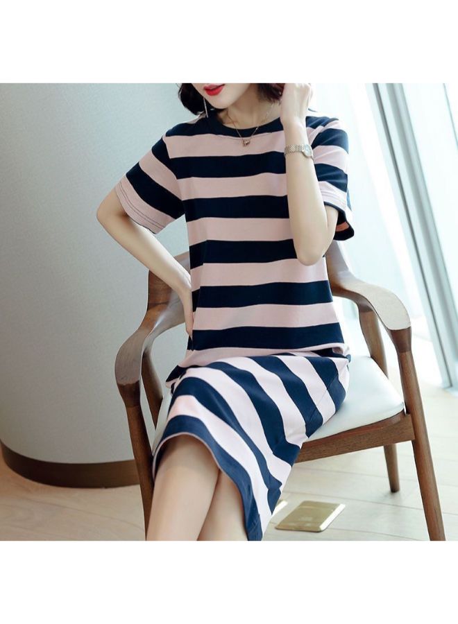 Summer Elbow Sleeve Striped Mid Length Dress Light Pink/Navy - Image 4