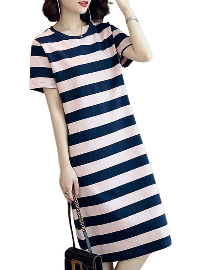 Summer Elbow Sleeve Striped Mid Length Dress Light Pink/Navy - Image 1