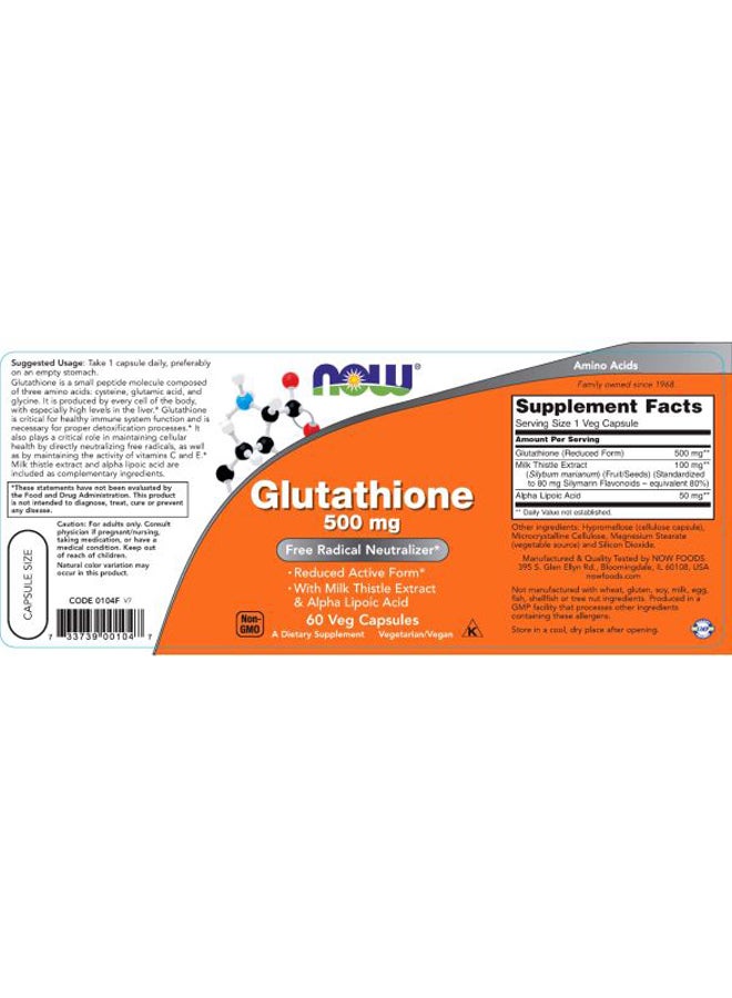 Now Foods - Glutathione 500 mg Free Radical Protection - 60 Capsules - Image 1