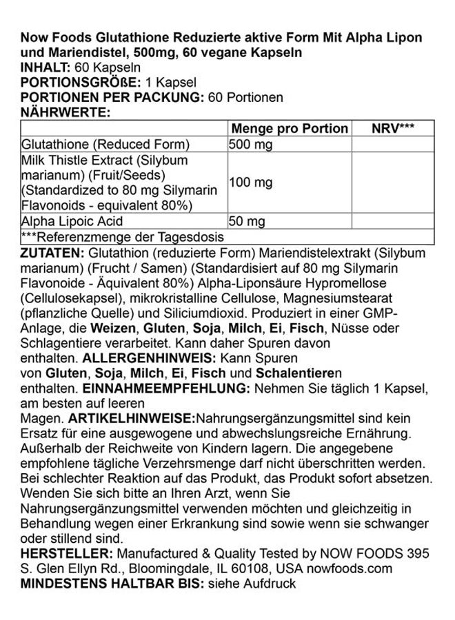 Now Foods - Glutathione 500 mg Free Radical Protection - 60 Capsules - Image 1